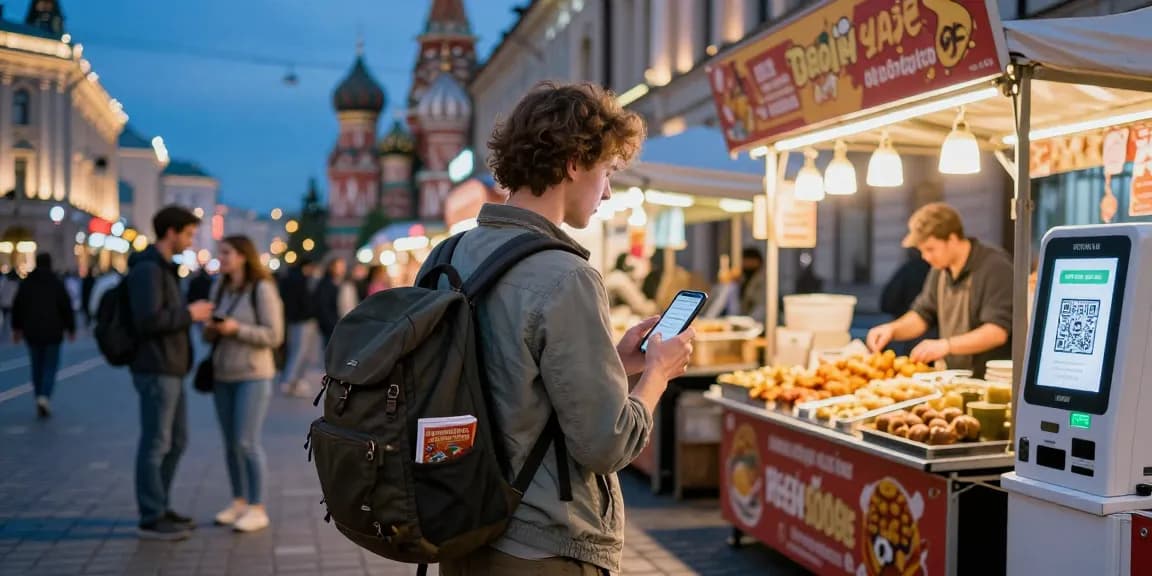 Verken een bruisende straat in Moskou met moderne betaalmethoden via https://payinrussia.com/ en lokale lekkernijen.