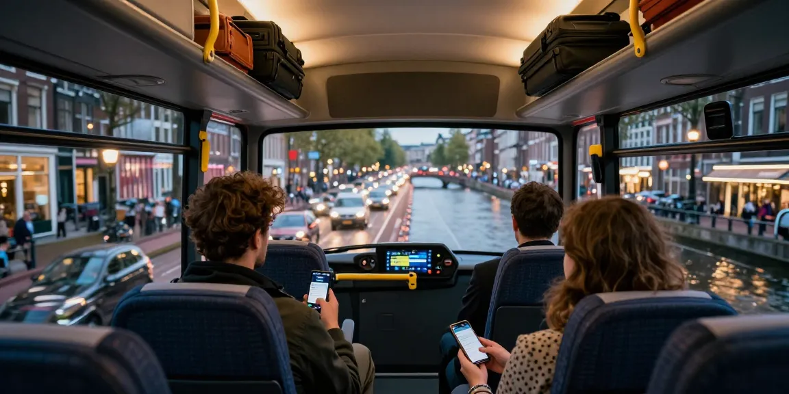 Comfortable ride in a taxi bus amsterdam with city views at night.