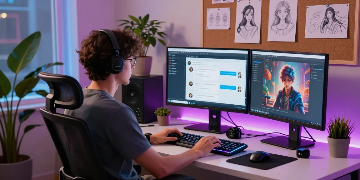 Engaging workspace showcasing nsfw character ai interactions on multiple monitors, emphasizing modern tech and creativity.