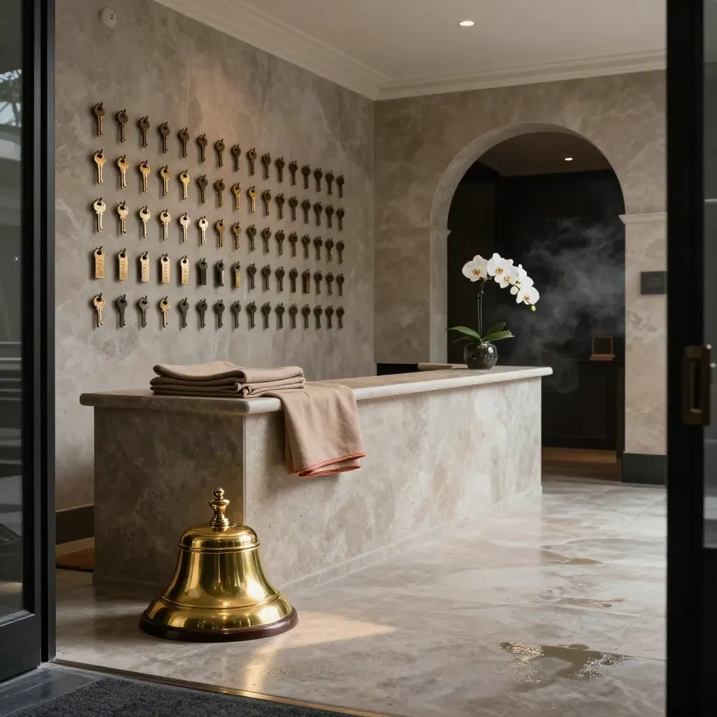 Stille hotelreceptie met messing bel, stenen balie, sleutels, linnen en orchidee in zacht ochtendlicht.