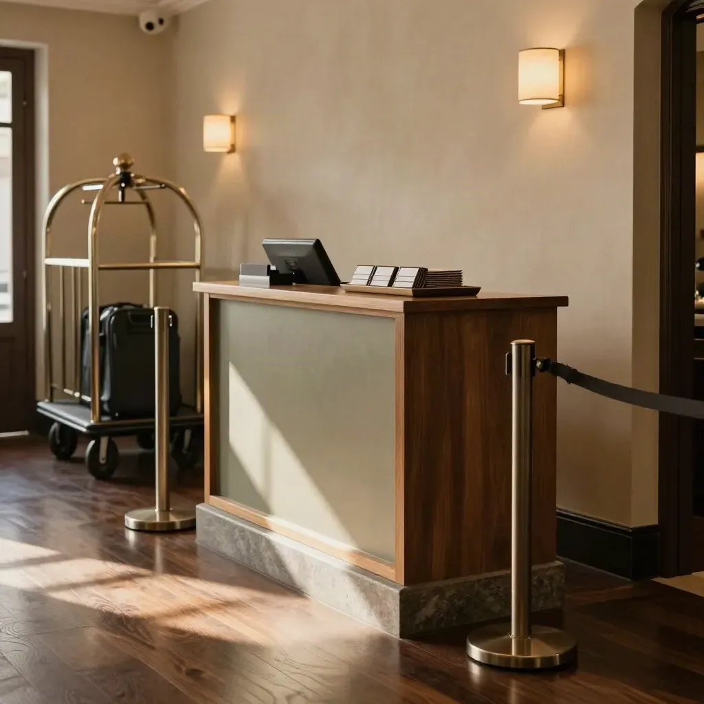 Compact incheckbalie met afzetpalen, key sleeves en een bagagekar in warm lobbylicht.
