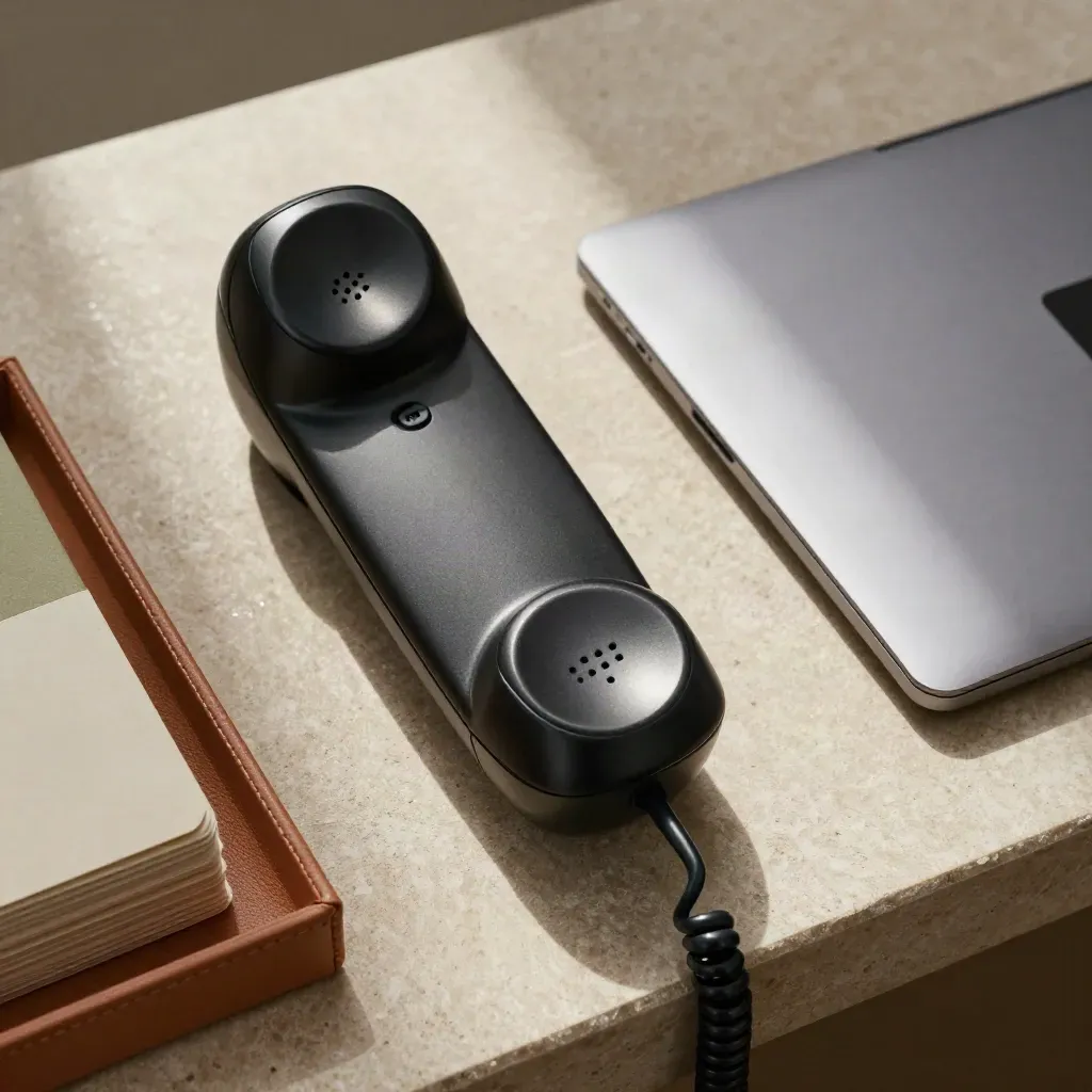 Bovenaanzicht van vaste telefoon, gesloten laptop en kaartsleeves in leren tray.