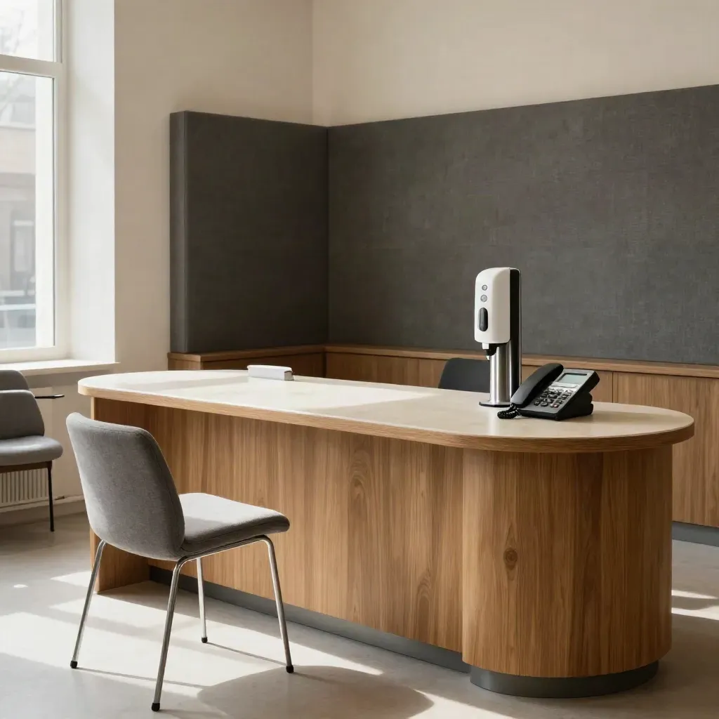 Stille kliniekreceptie met eiken balie, wachtstoelen, desinfectiepomp en akoestische panelen.
