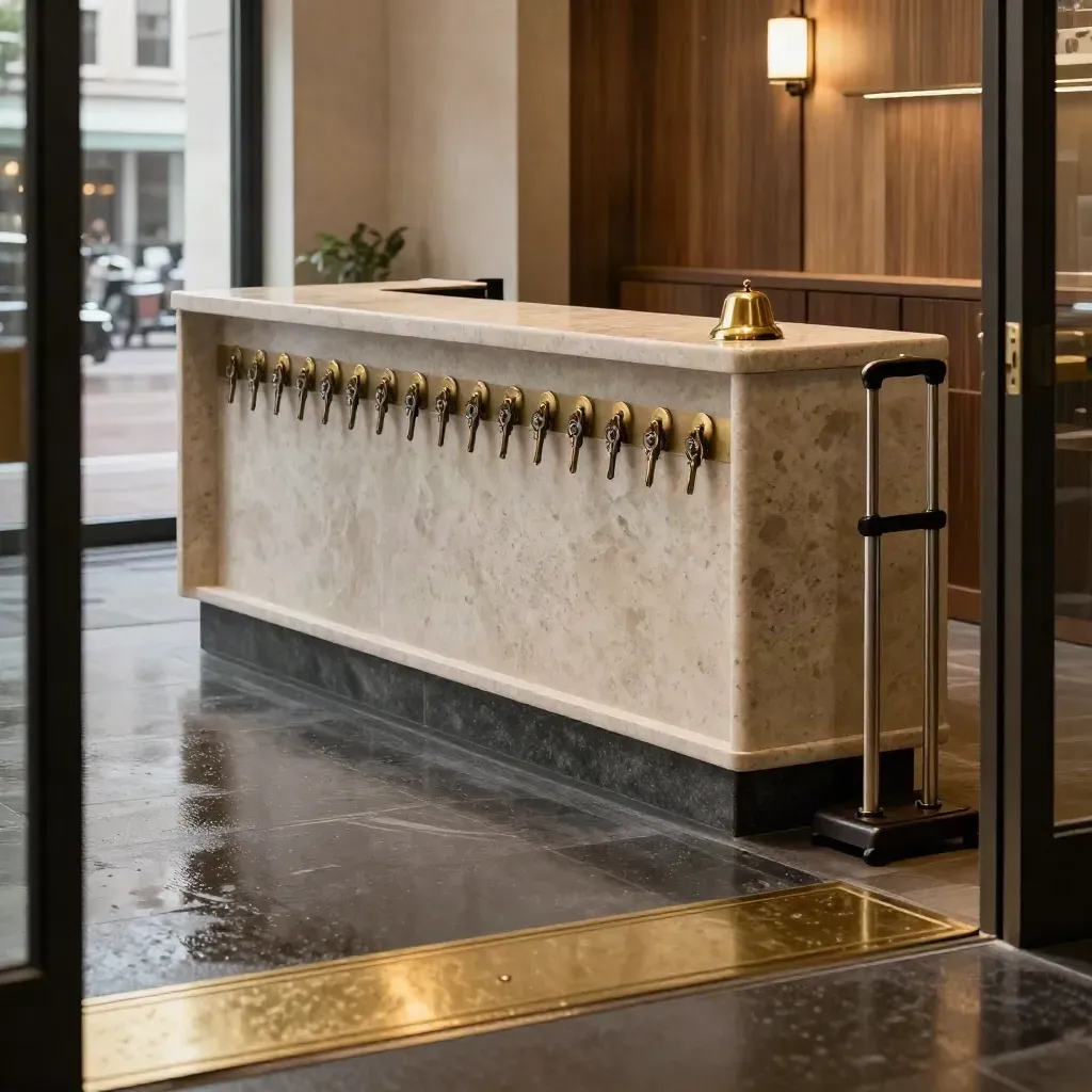 Lege hotelcheck-in met brass bell, sleutelhaken en bagagerek in warm ochtendlicht.
