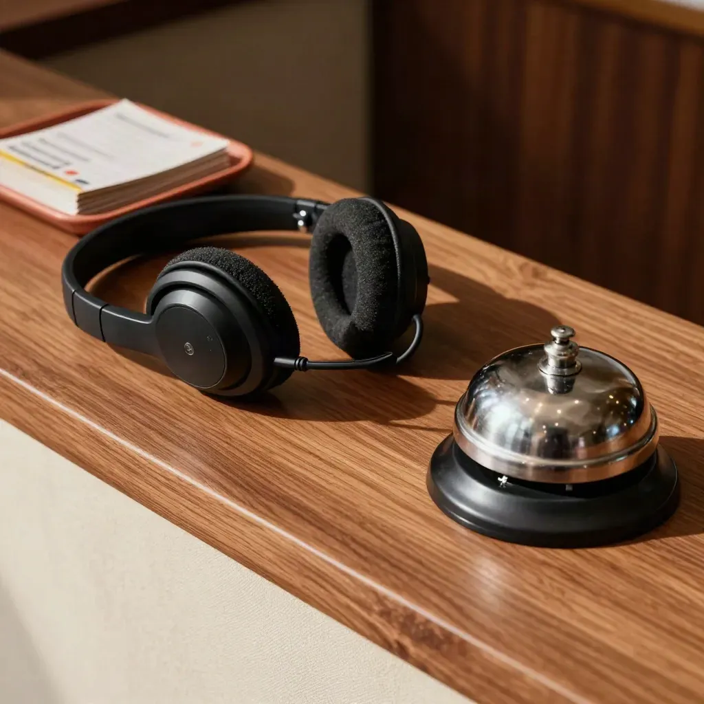 Headset, deskbel en kleurgetabde cuecards op een warme trainingsbalie in dramatisch licht.