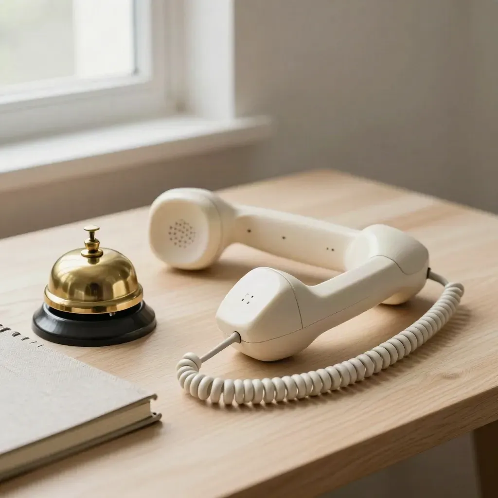 Crèmekleurige telefoonhoorn naast een brass bel en gesloten notitieboek op licht hout.