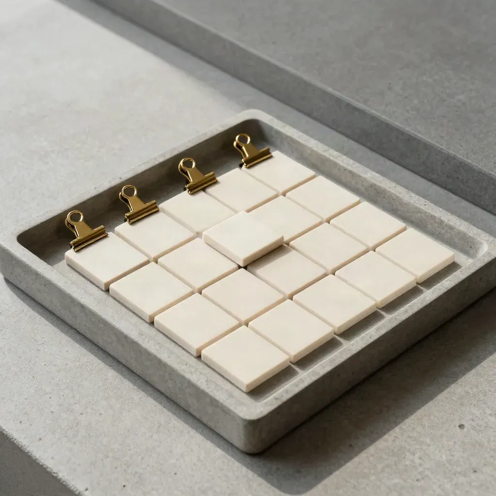 Overhead flatlay van rooster-titels, brass clips en lege vakjes in een stenen bak.