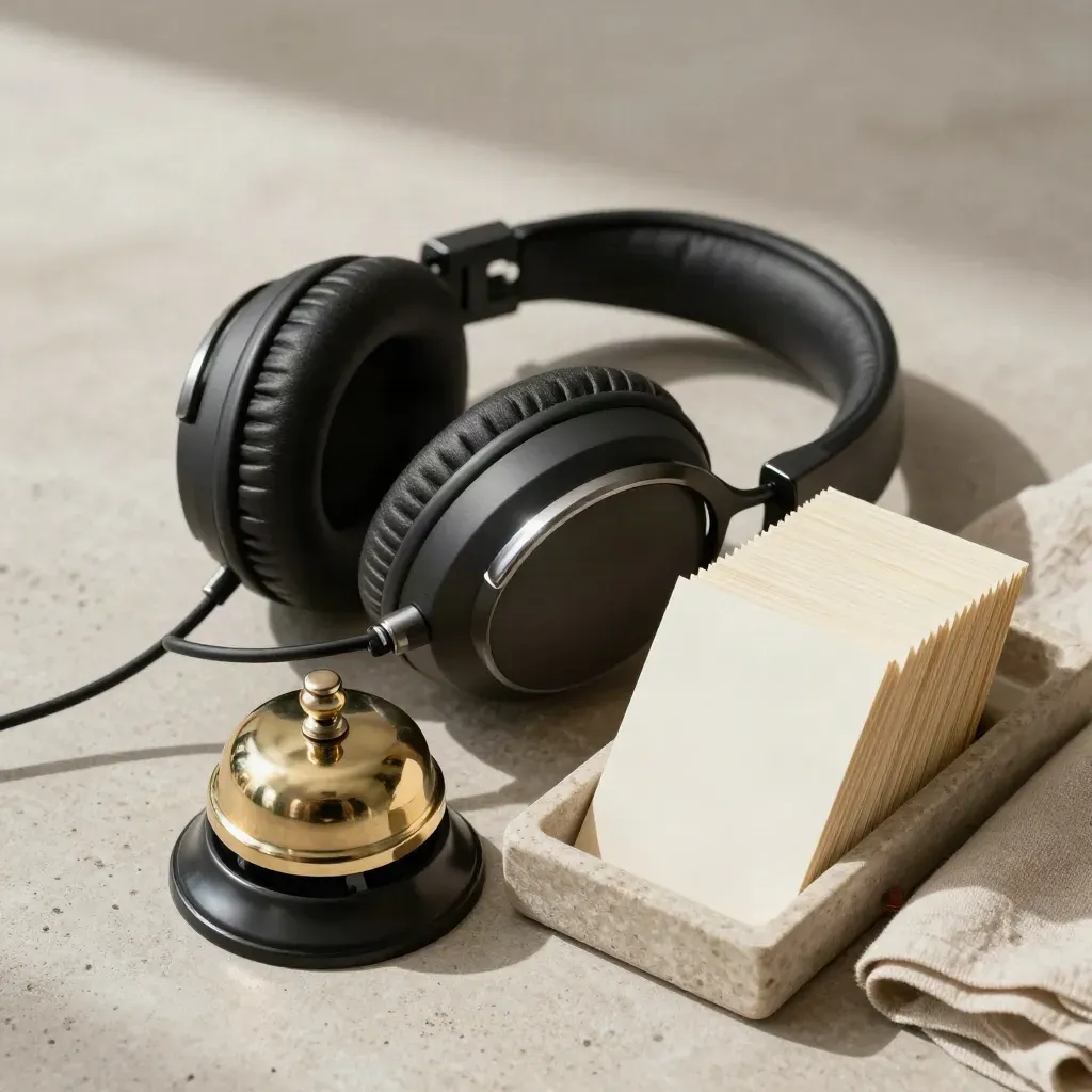 Headset, bel en cue cards op een stenen tray in rustige hospitality-stijl.