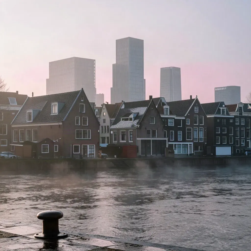 Dauwige Amsterdamse waterkant met mist, natte daken en torens bij zonsopkomst.
