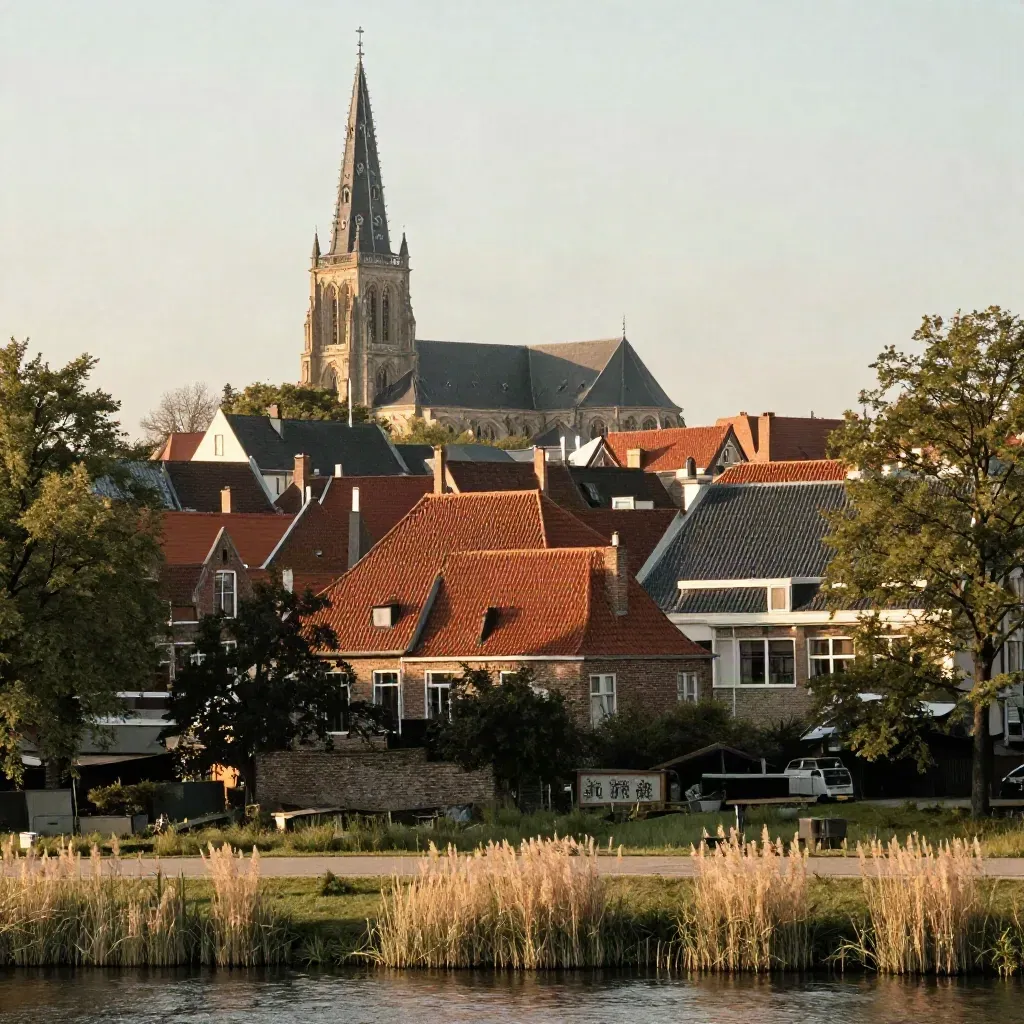 Breda vanaf de rivierdijk met de Grote Kerk hoog boven terracotta daken en bomen in warm avondlicht.