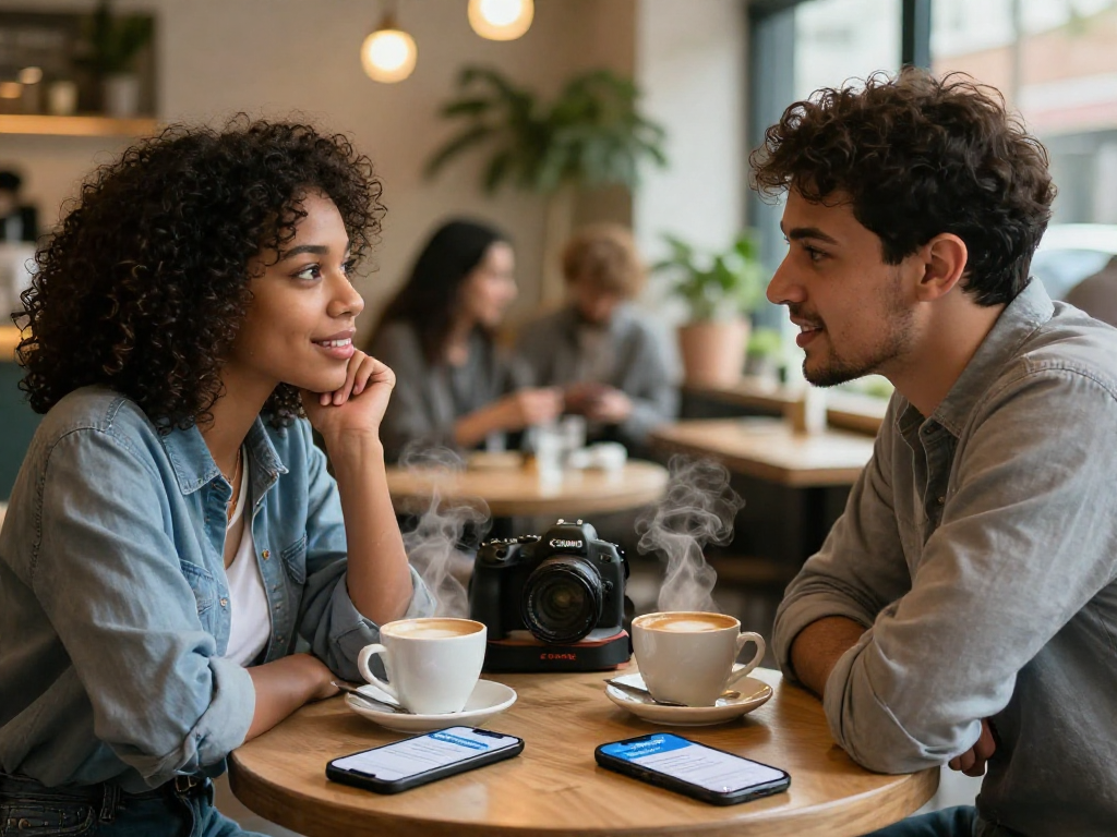 Engaging couple enjoying coffee while exploring the f168dating app in a cozy café setting.