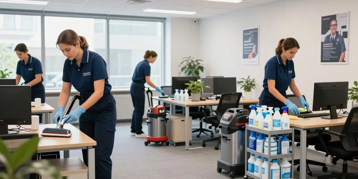 Cleaning team from schoonmaakbedrijf den haag sanitizing modern office space with advanced equipment and natural light